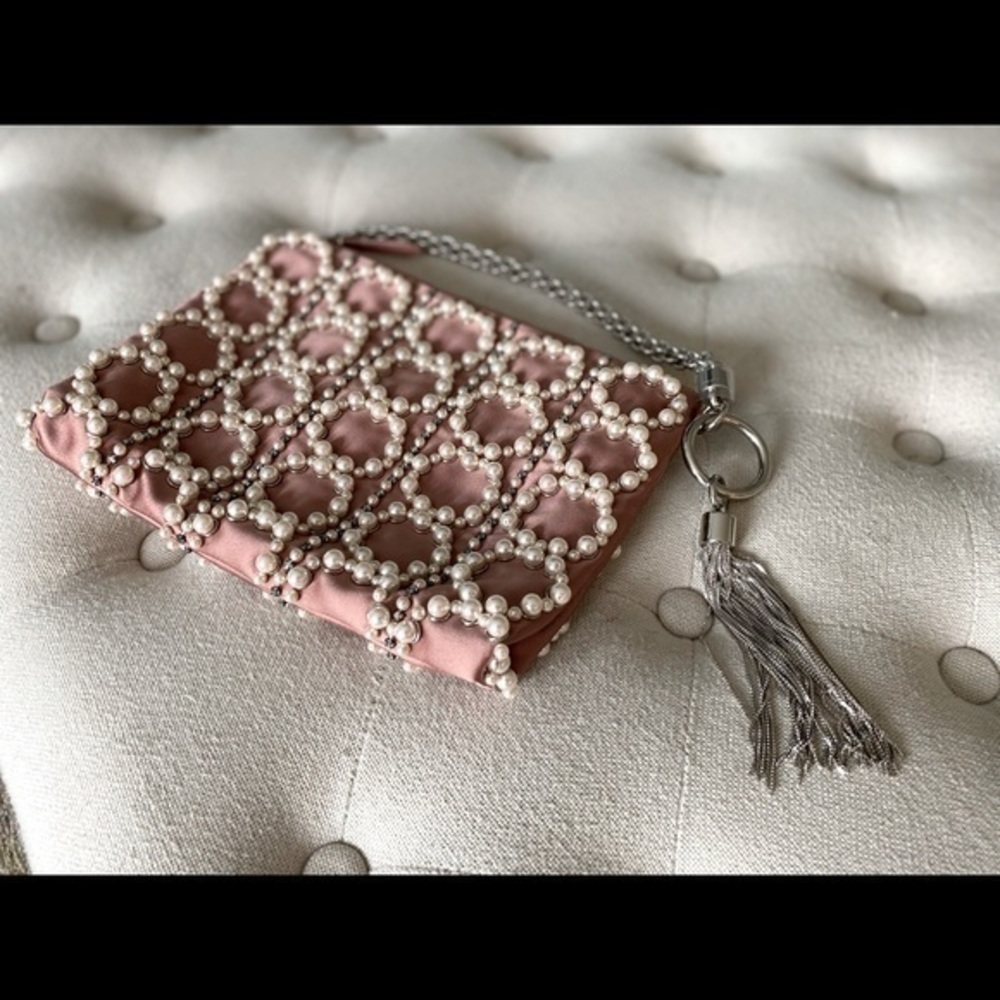 JIMMY CHOO Callie Blush Satin Clutch with Circle Pearl Embroidery Embellishments - Picture 4 of 16